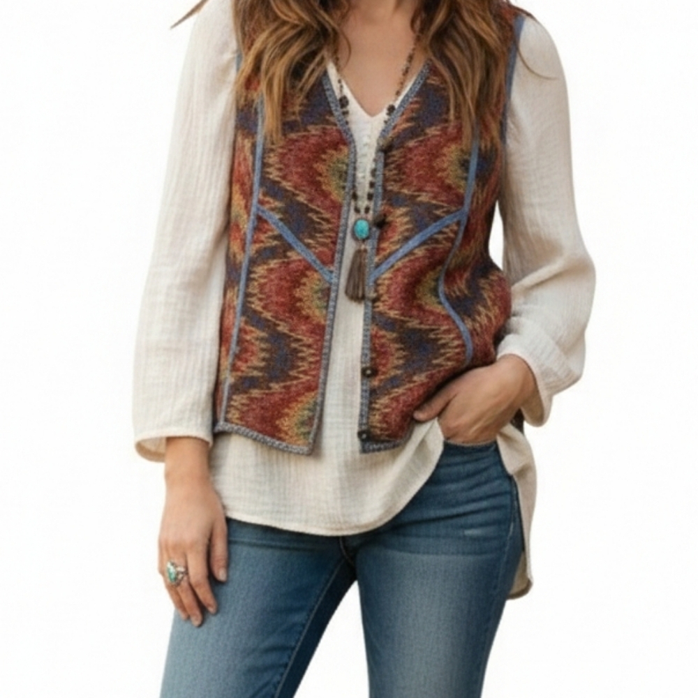 City Blues by Koret Southwestern Tapestry Denim Vest Boho Aztec